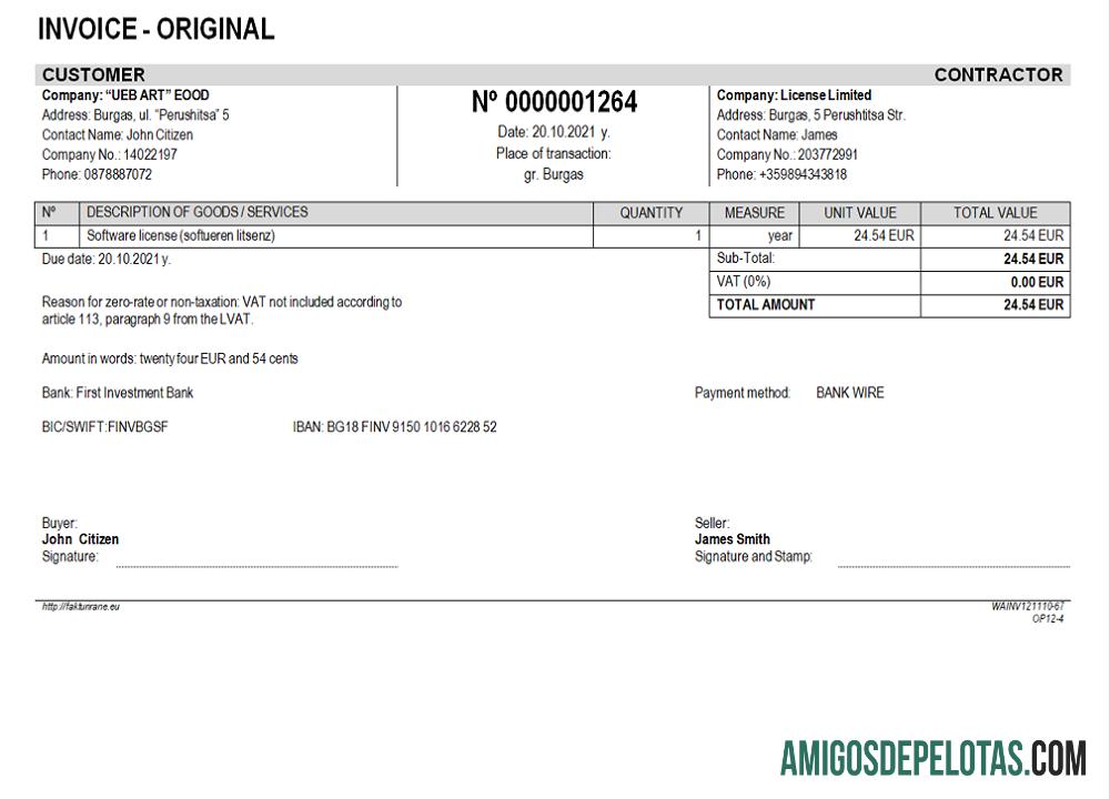 Bulgária UEB ART EOOD Fatura da Empresa baixar para verificação